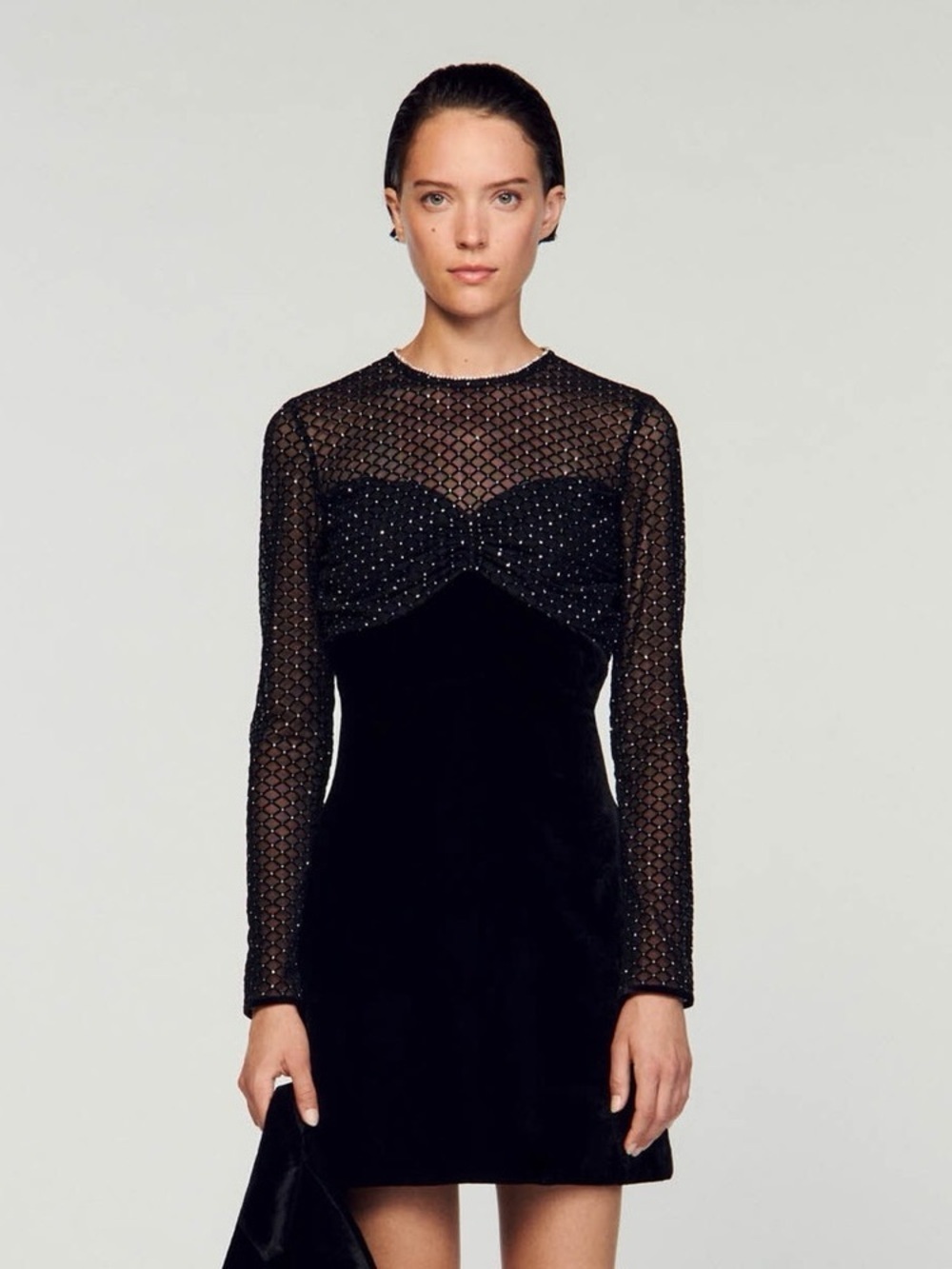 Sandro Black Velvet Crystal Embellished Mini Dress with Long sleeves Size 38